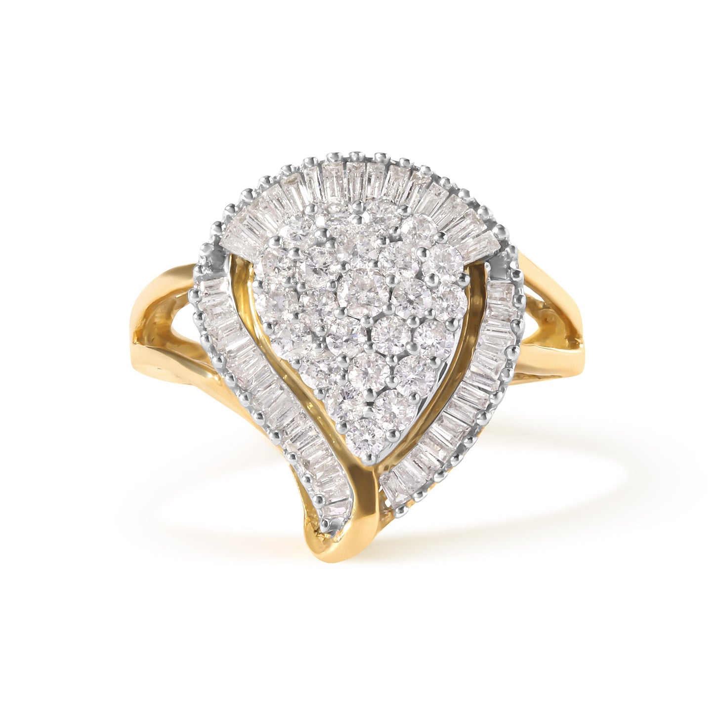 10K Yellow Gold 1 Cttw Round and Baguette Cut Diamond Ballerina Cluster Ring (H-I Color, SI2-I1 Clarity) Bids.com