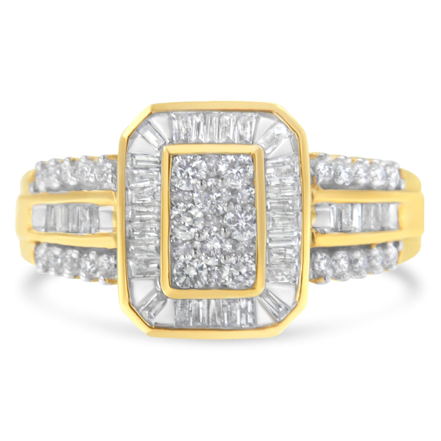 10K Yellow Gold Round and Baguette-Cut Diamond Cocktail Ring (1.0 Cttw, H-I Color, SI2-I1 Clarity) - Size 7 Bids.com