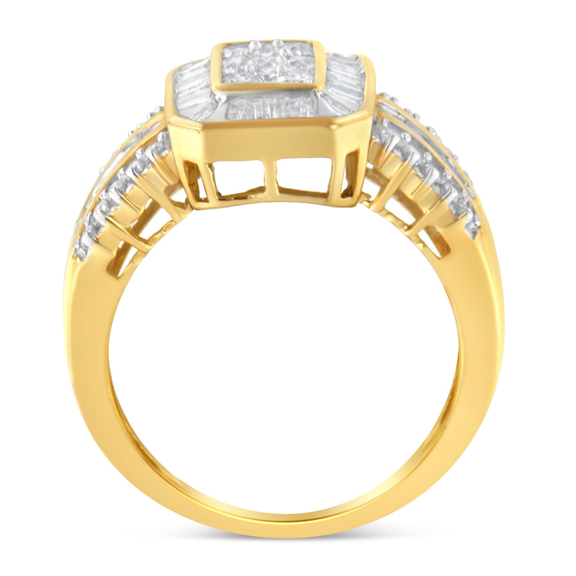 10K Yellow Gold Round and Baguette-Cut Diamond Cocktail Ring (1.0 Cttw, H-I Color, SI2-I1 Clarity) - Size 7 Bids.com