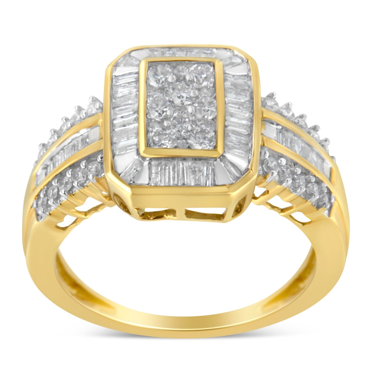 10K Yellow Gold Round and Baguette-Cut Diamond Cocktail Ring (1.0 Cttw, H-I Color, SI2-I1 Clarity) - Size 7 Bids.com