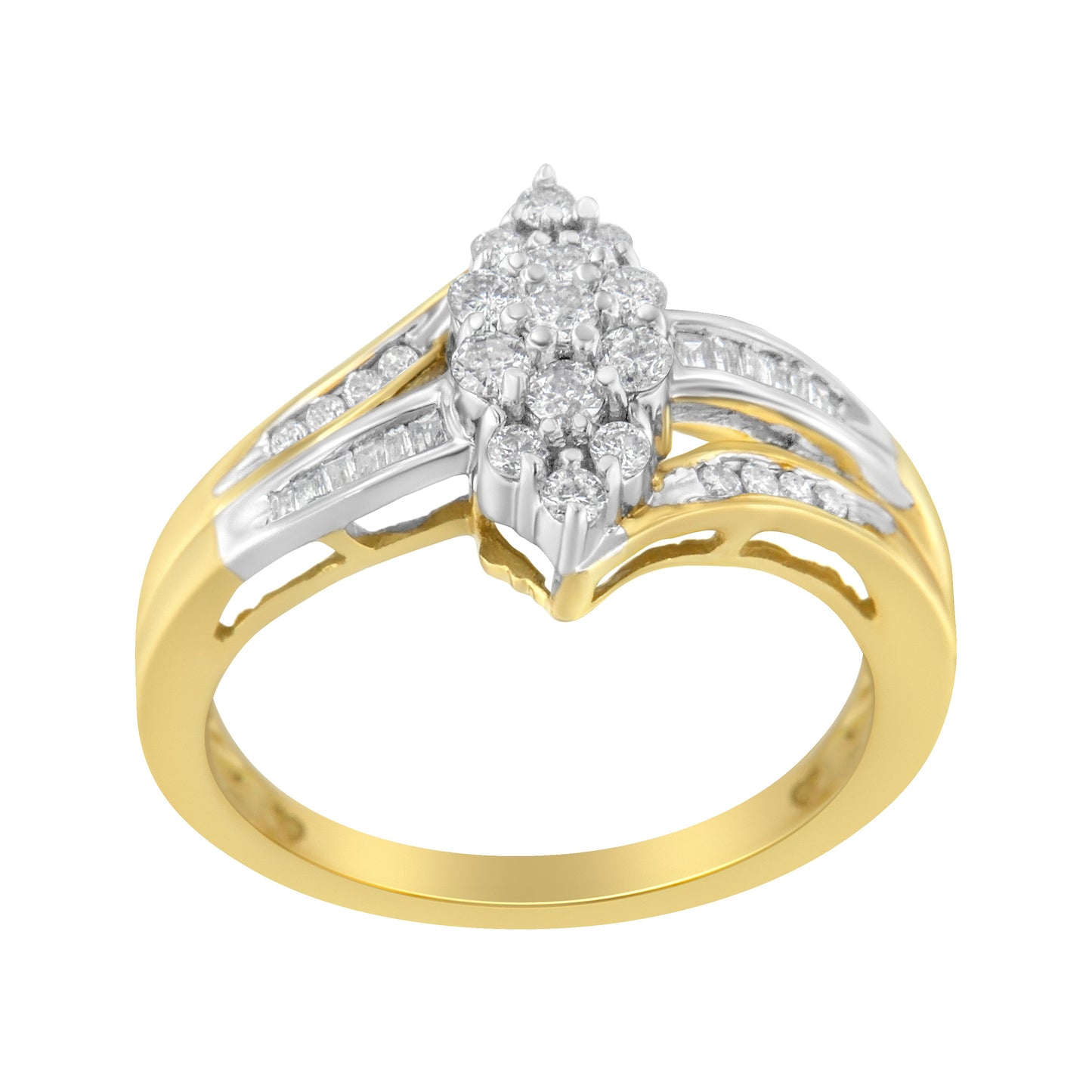 10K Yellow and White Gold 1/2 Cttw Diamond Marquise Shaped Cluster Split Shank Ring (H-I Color, SI2-I1 Clarity) - Size 7 Bids.com