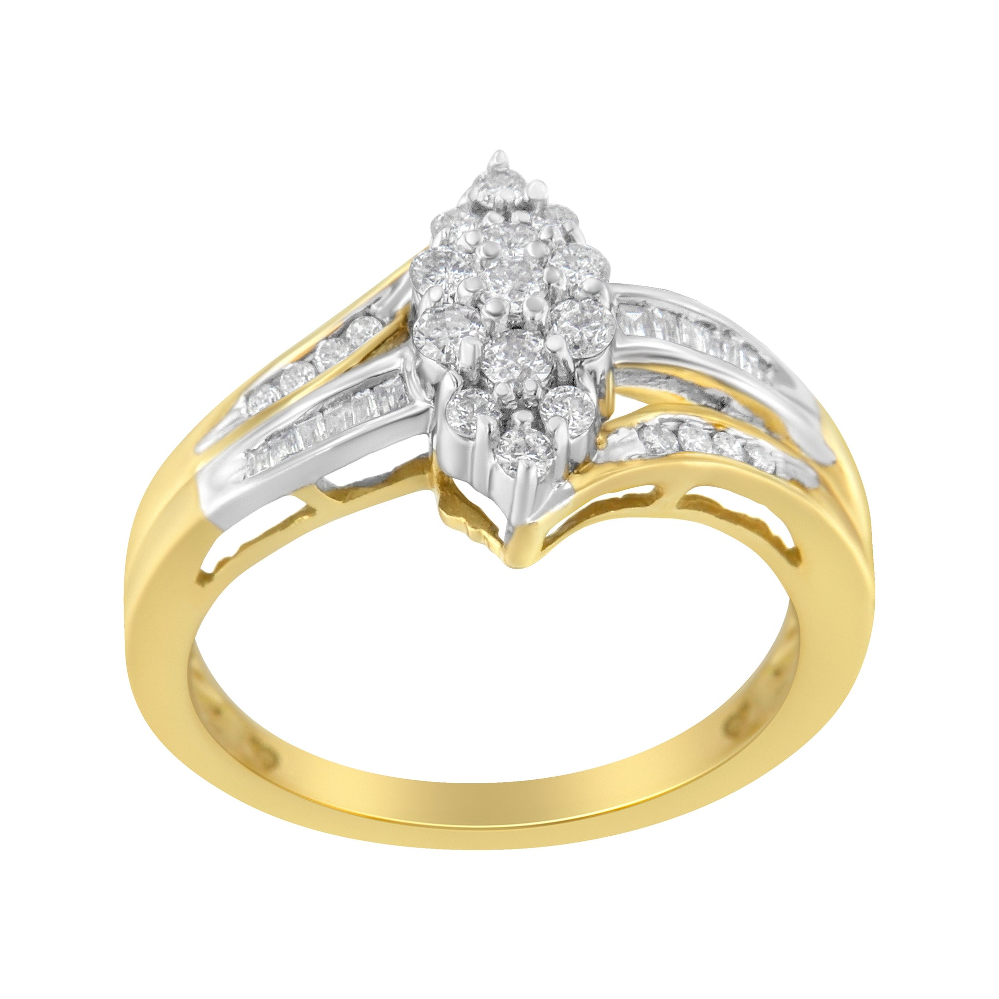 10K Yellow and White Gold 1/2 Cttw Diamond Marquise Shaped Cluster Split Shank Ring (H-I Color, SI2-I1 Clarity) - Size 7 Bids.com
