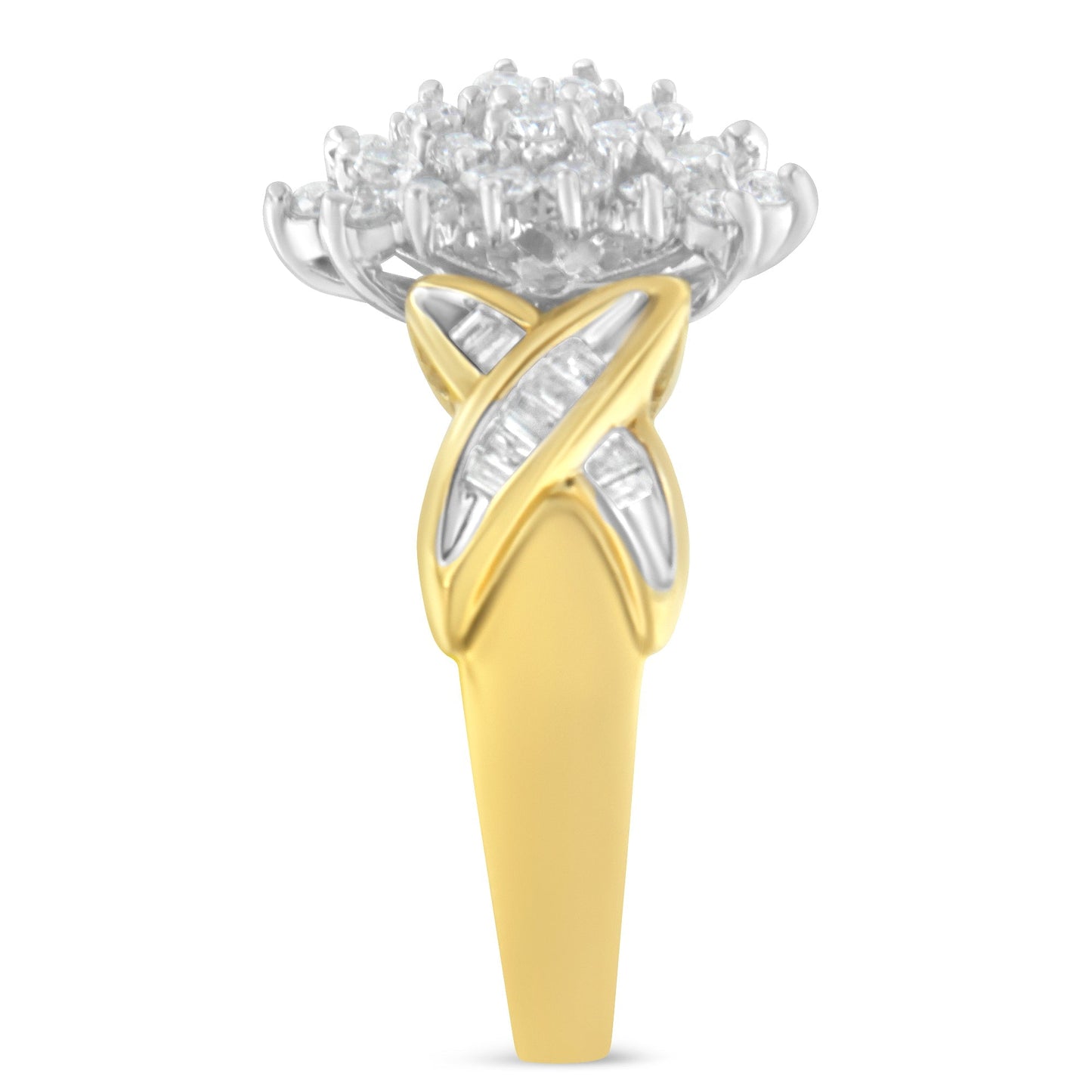 10K Two-Toned Gold Round Baguette Diamond Cluster Ring (1/2 Cttw, I-J Color, I2-I3 Clarity) - Size 6-1/2 Bids.com