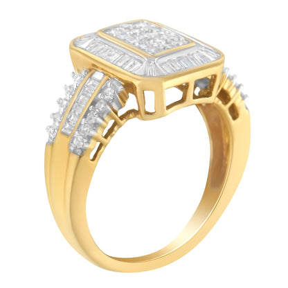 10K Yellow Gold Round and Baguette-Cut Diamond Cluster Ring (1.0 Cttw, I-J Color, SI1-SI2 Clarity) - Size 7 Bids.com