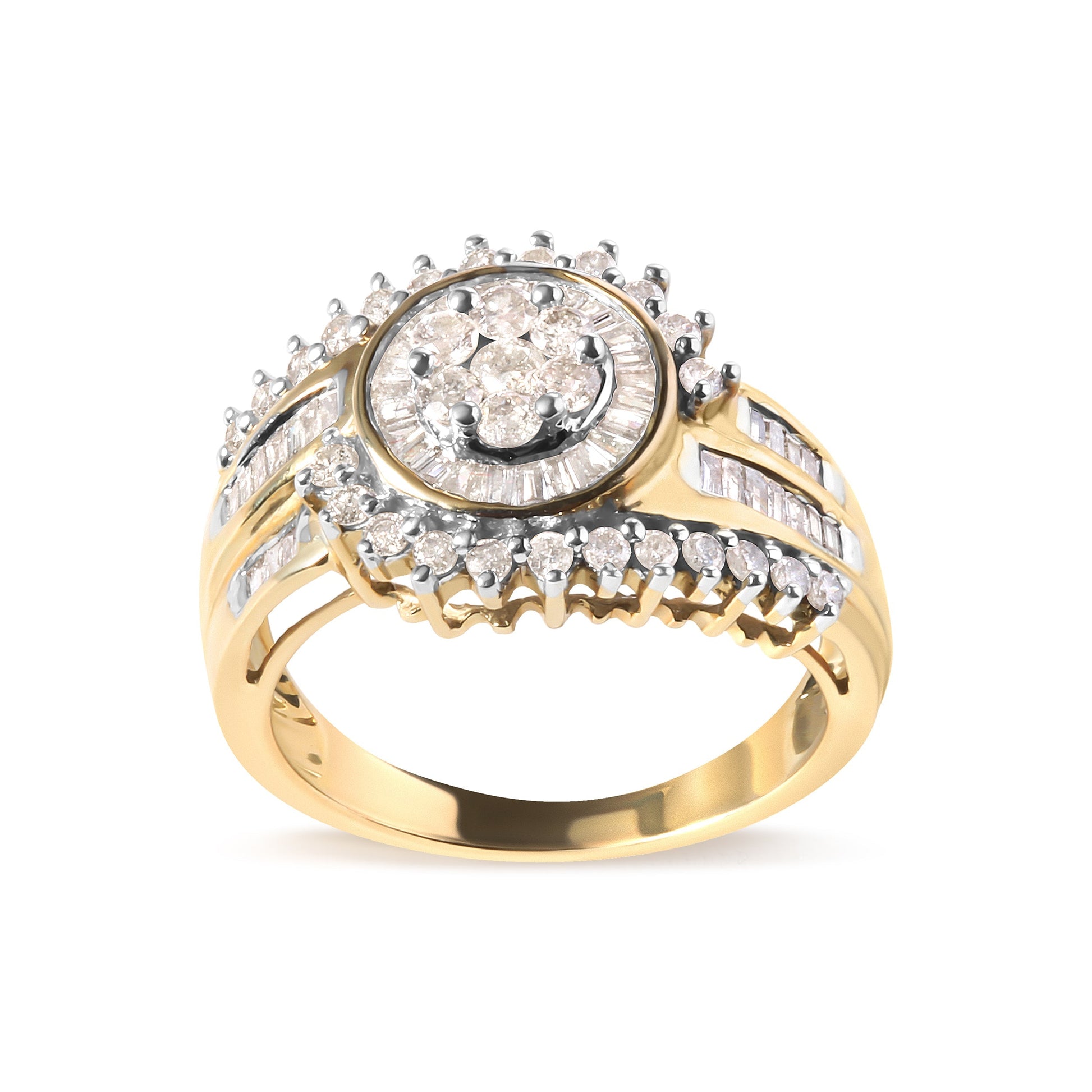 10K Yellow Gold 1 Cttw Round and Baguette cut Diamond Cluster Swirl Band Ring (H-I Color, I1-I2 Clarity) - Ring Size 7 Bids.com