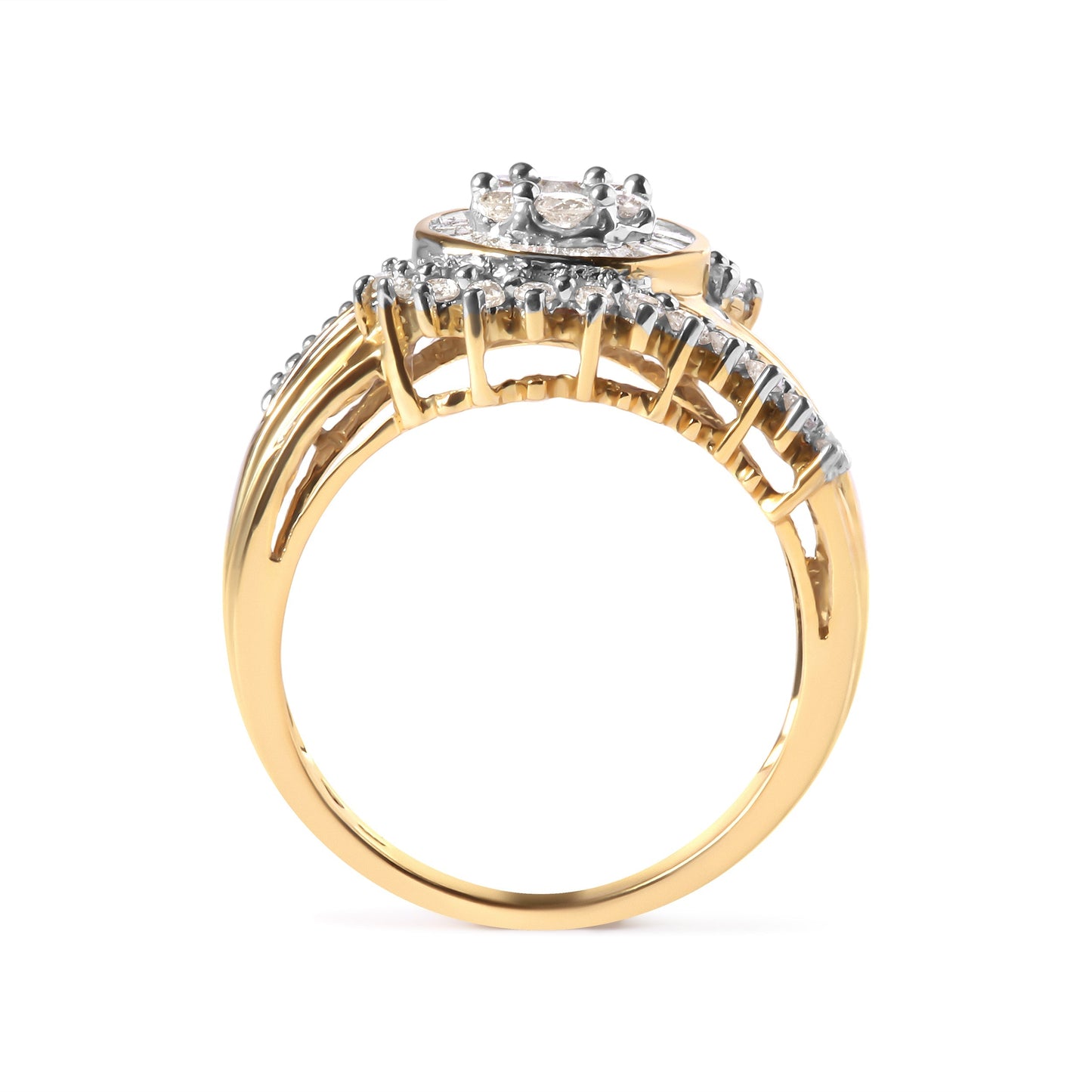 10K Yellow Gold 1 Cttw Round and Baguette cut Diamond Cluster Swirl Band Ring (H-I Color, I1-I2 Clarity) - Ring Size 7 Bids.com