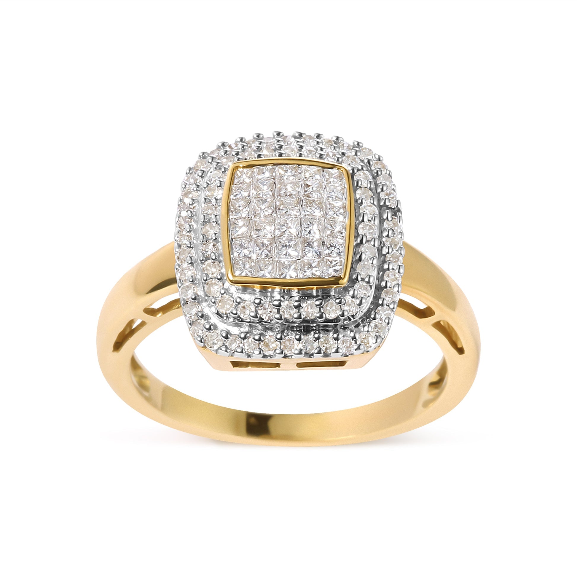 10K Yellow Gold 1/2 cttw Round and Princess Diamond Composite Head and Halo Ring (H-I Color, SI1-SI2 Clarity) - Ring Size 7 Bids.com