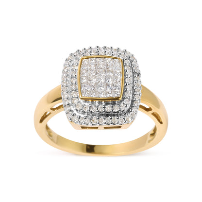 10K Yellow Gold 1/2 cttw Round and Princess Diamond Composite Head and Halo Ring (H-I Color, SI1-SI2 Clarity) - Ring Size 7 Bids.com