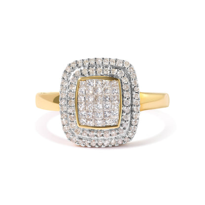 10K Yellow Gold 1/2 cttw Round and Princess Diamond Composite Head and Halo Ring (H-I Color, SI1-SI2 Clarity) - Ring Size 7 Bids.com