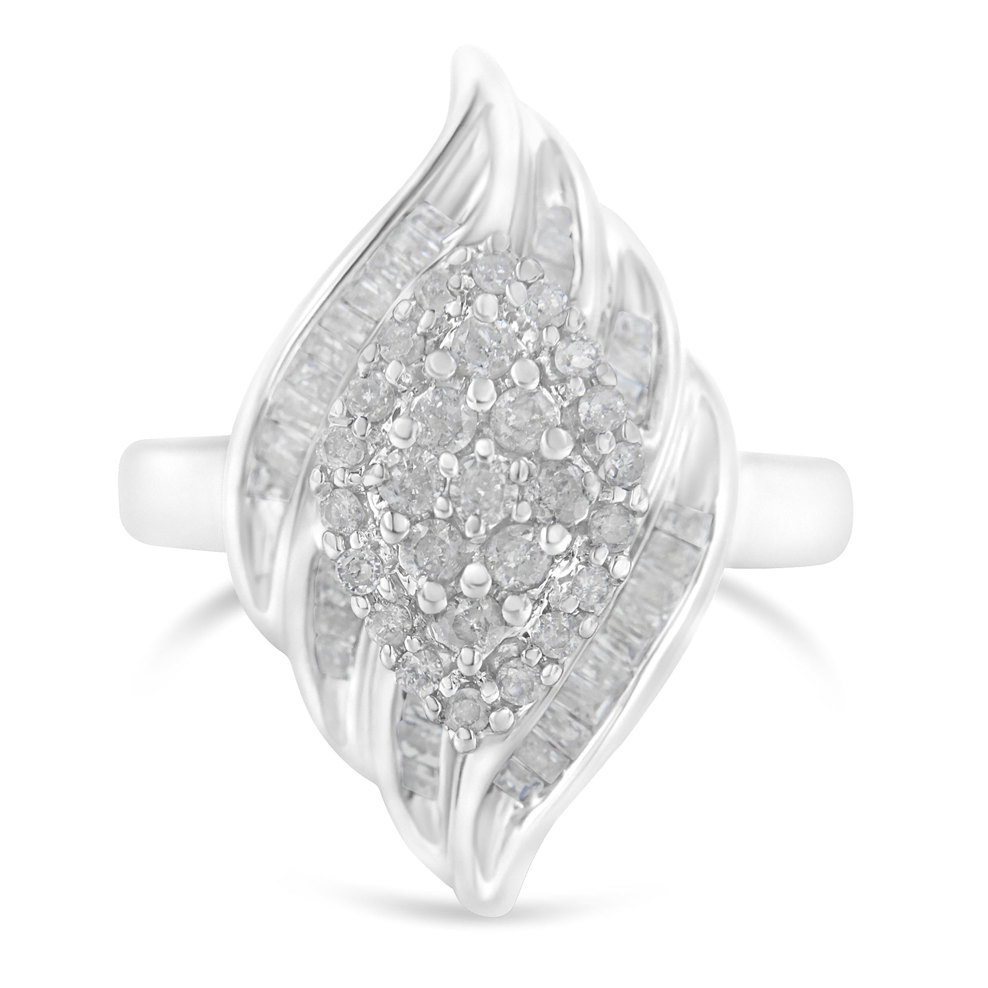 .925 Sterling Silver Â¾ Cttw Round and Baguette Cut Diamond Stair-Stepped Cluster Waterfall Cocktail Ring (I-J Color, I2-I3 Clarity) - Size 6 Bids.com