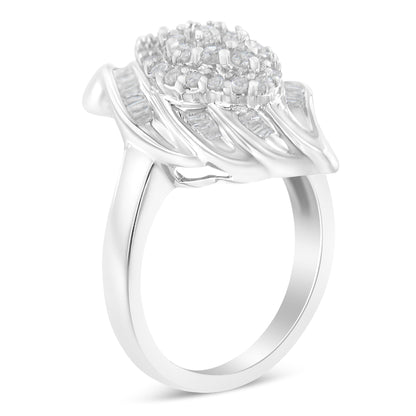.925 Sterling Silver Â¾ Cttw Round and Baguette Cut Diamond Stair-Stepped Cluster Waterfall Cocktail Ring (I-J Color, I2-I3 Clarity) - Size 6 Bids.com