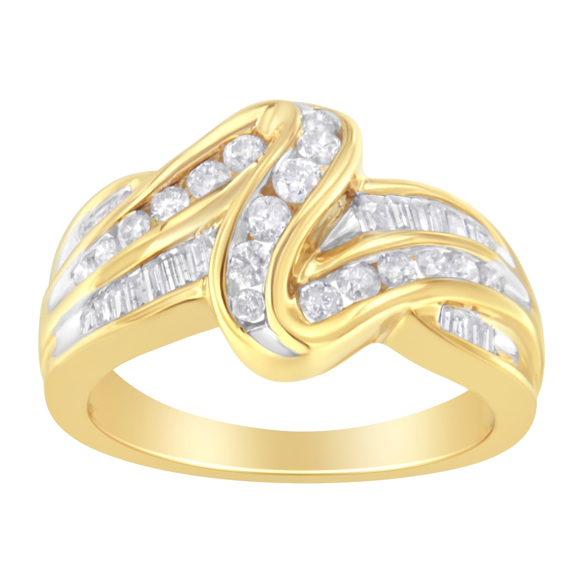 10K Yellow Gold 3/4 Cttw Channel Set Round and Baguette-cut Diamond Double Shank Bypass Ring (J-K Color, I1-I2 Clarity) - Size 6.75 Bids.com