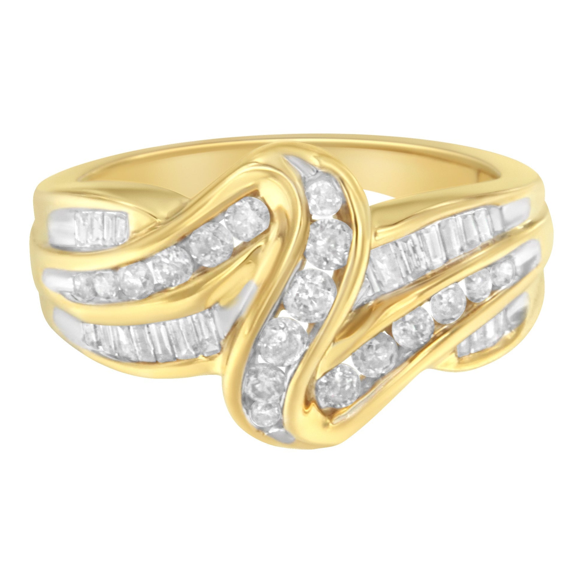 10K Yellow Gold 3/4 Cttw Channel Set Round and Baguette-cut Diamond Double Shank Bypass Ring (J-K Color, I1-I2 Clarity) - Size 6.75 Bids.com