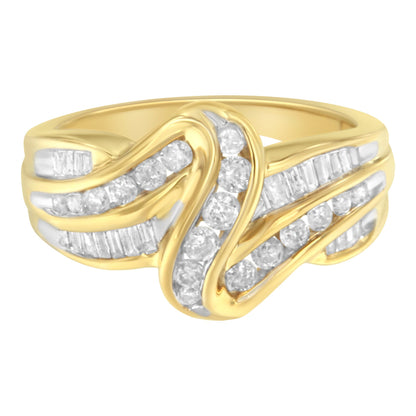10K Yellow Gold 3/4 Cttw Channel Set Round and Baguette-cut Diamond Double Shank Bypass Ring (J-K Color, I1-I2 Clarity) - Size 6.75 Bids.com