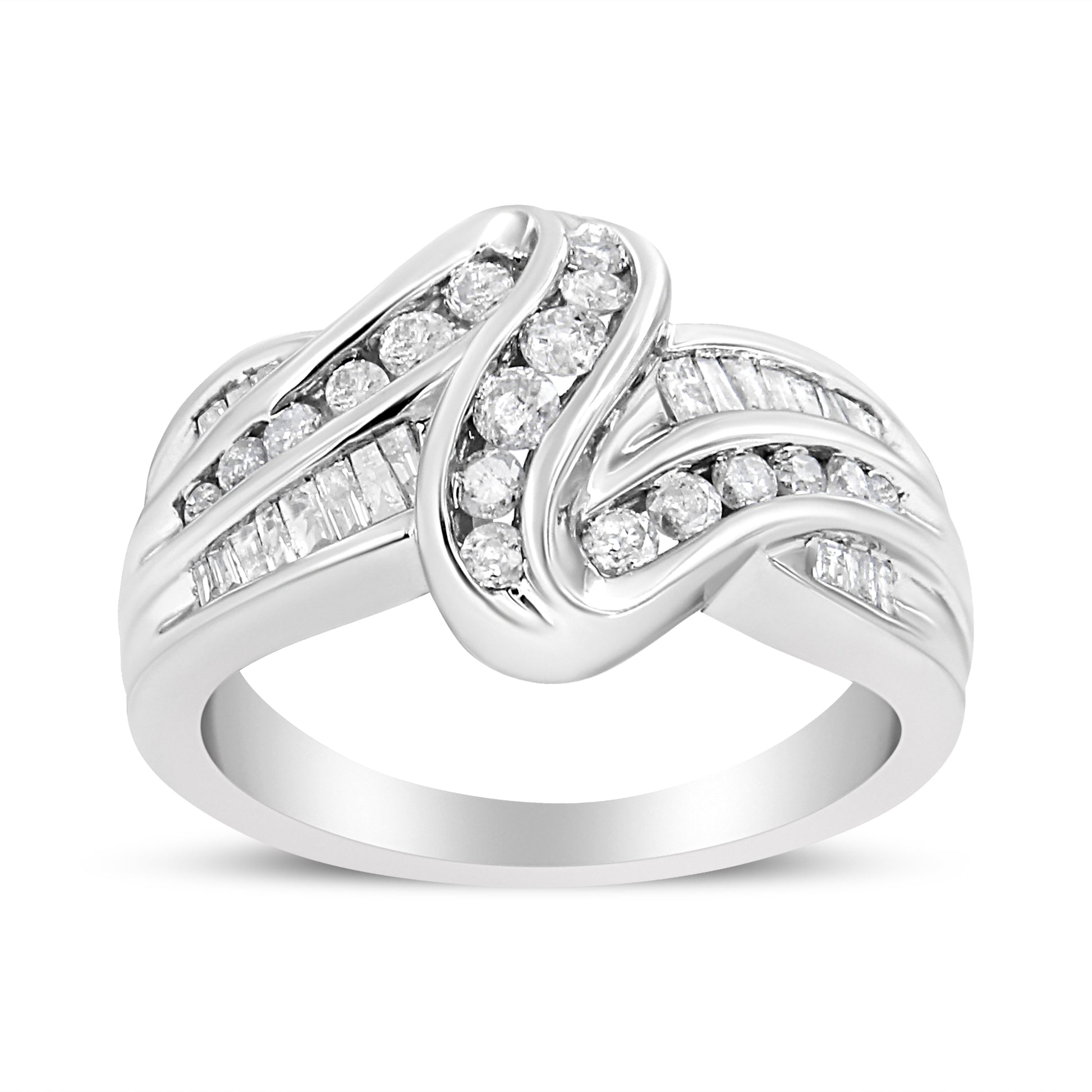 10K White Gold Ring 3/4 Cttw Round and Baguette-Cut Diamond Bypass Ring (H-I Color, I2-I3 Clarity) - Size 6 Bids.com