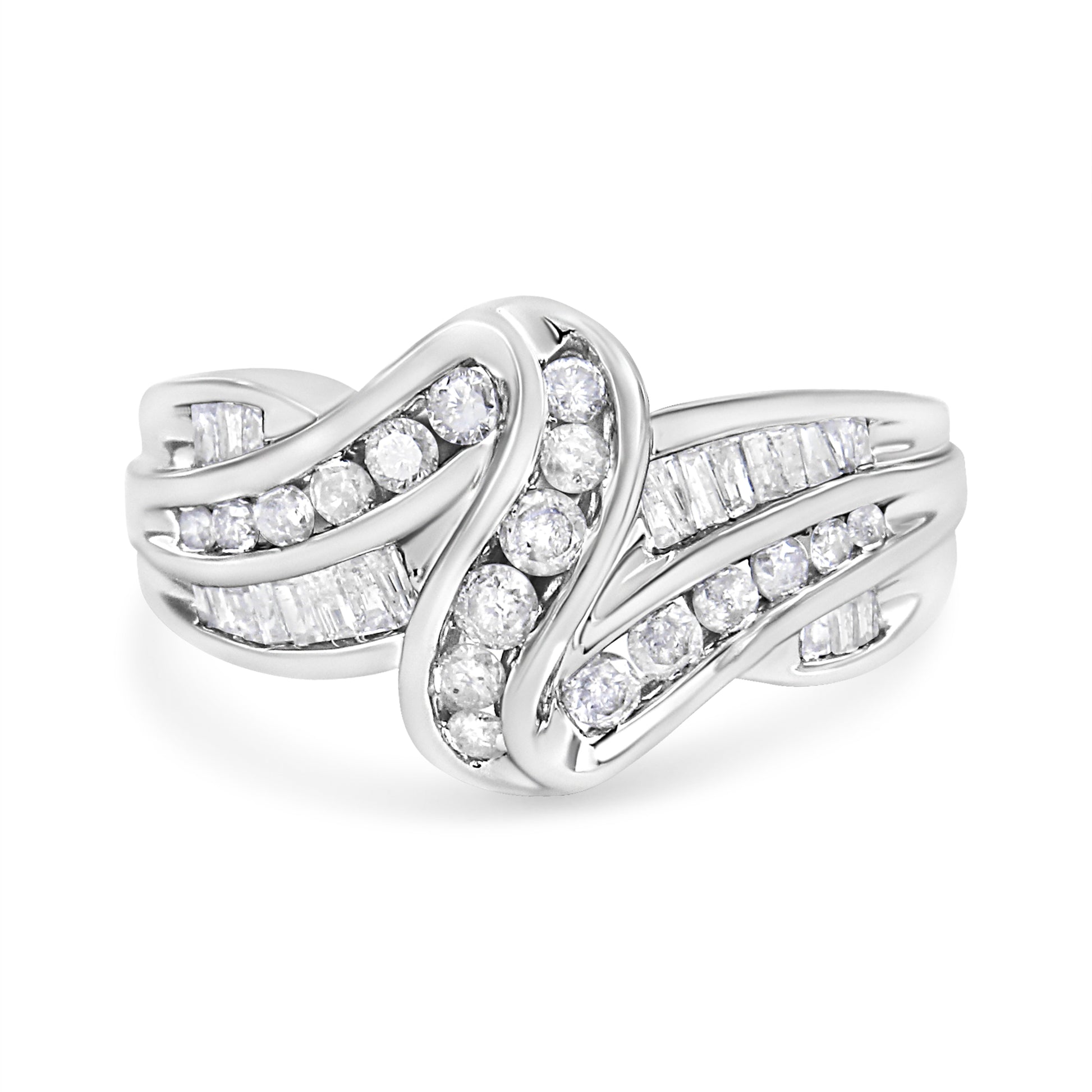 10K White Gold Ring 3/4 Cttw Round and Baguette-Cut Diamond Bypass Ring (H-I Color, I2-I3 Clarity) - Size 6 Bids.com
