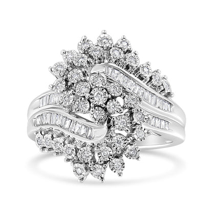10K White Gold 1/2 Cttw Round and Baguette-Cut "S" Shaped Bypass Cocktail Ring (I-J Color, I1-I2 Clarity) - Size 7 Bids.com