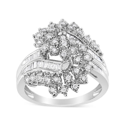10K White Gold 1/2 Cttw Round and Baguette-Cut "S" Shaped Bypass Cocktail Ring (I-J Color, I1-I2 Clarity) - Size 7 Bids.com