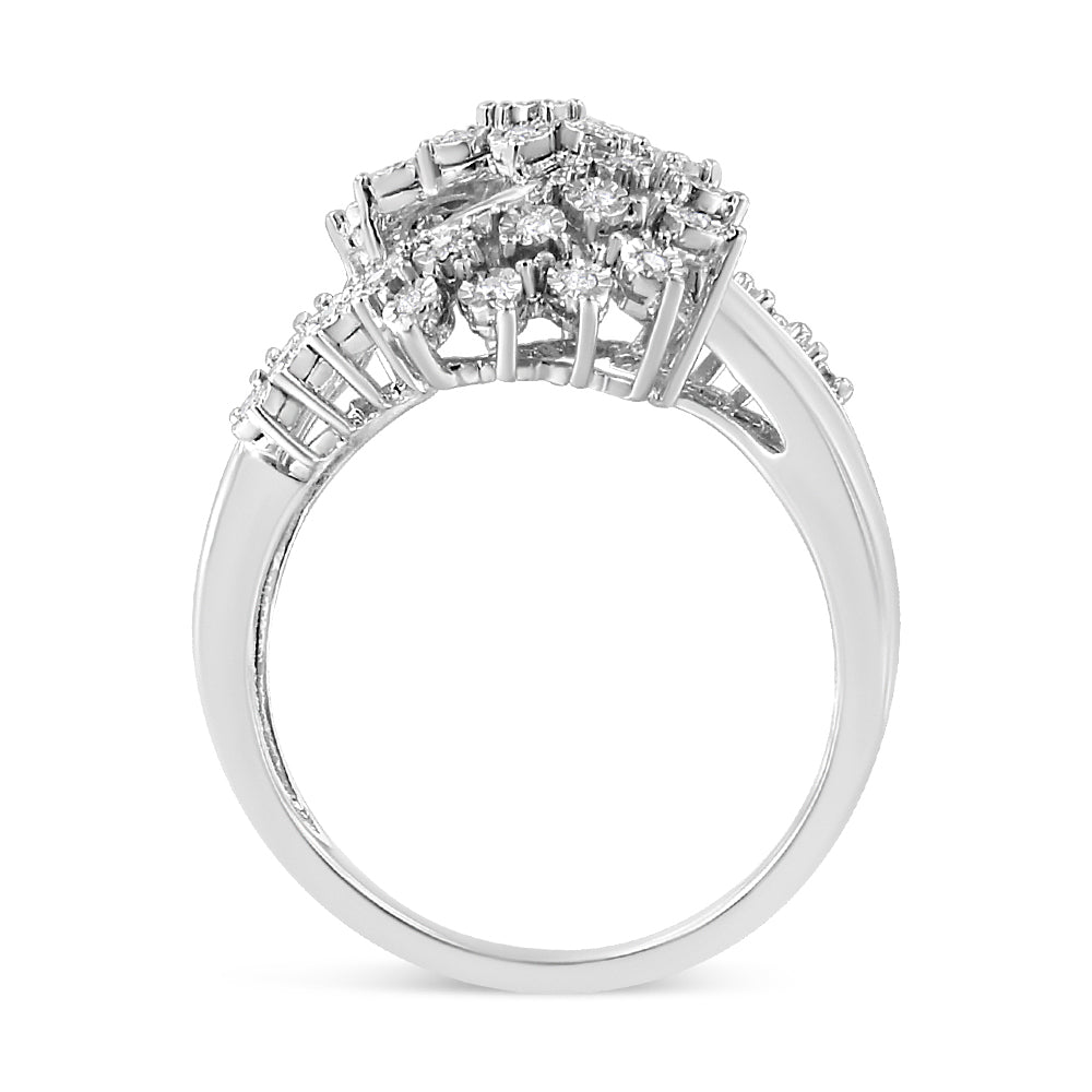 10K White Gold 1/2 Cttw Round and Baguette-Cut "S" Shaped Bypass Cocktail Ring (I-J Color, I1-I2 Clarity) - Size 7 Bids.com
