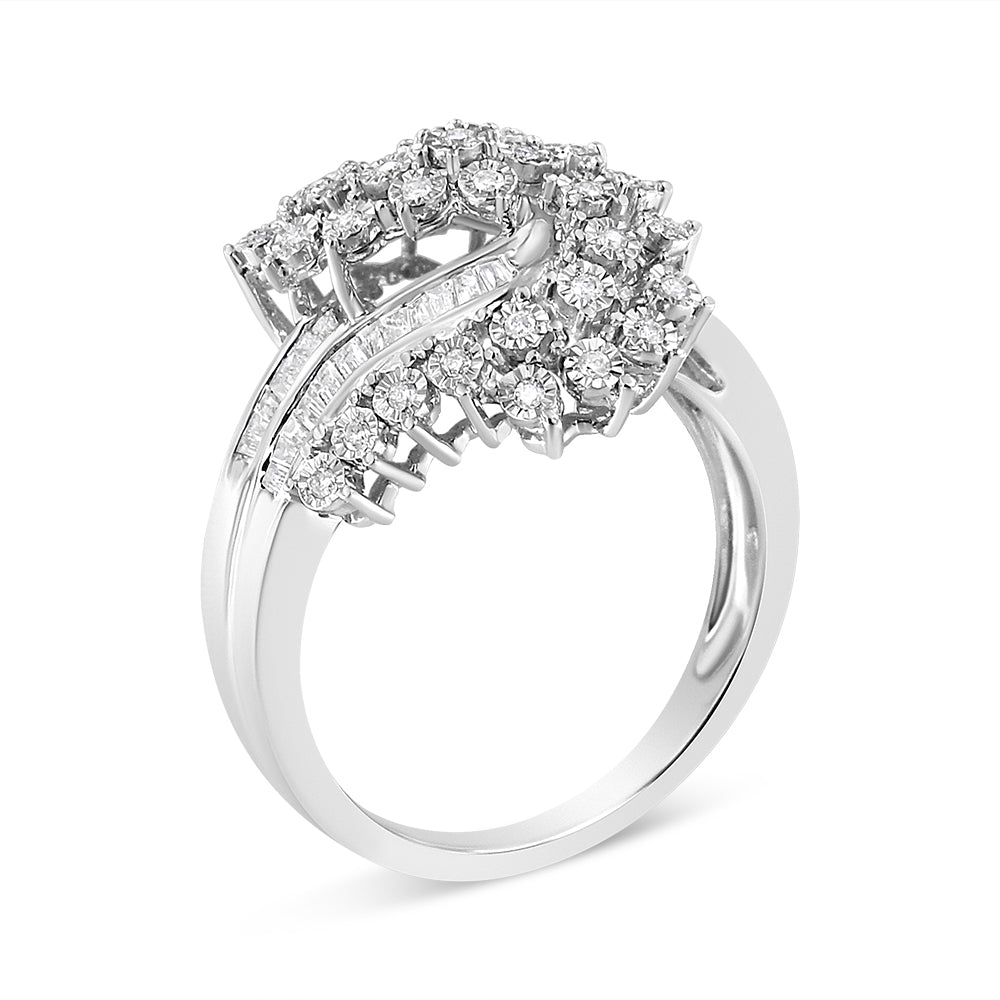 10K White Gold 1/2 Cttw Round and Baguette-Cut "S" Shaped Bypass Cocktail Ring (I-J Color, I1-I2 Clarity) - Size 7 Bids.com