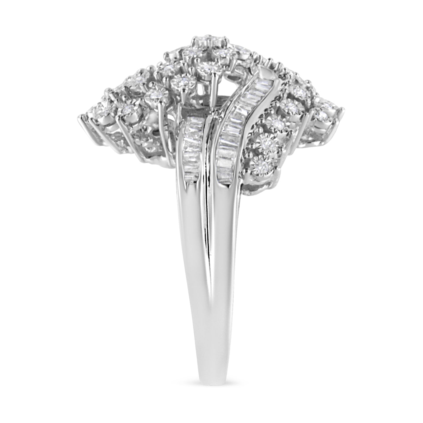 10K White Gold 1/2 Cttw Round and Baguette-Cut "S" Shaped Bypass Cocktail Ring (I-J Color, I1-I2 Clarity) - Size 7 Bids.com