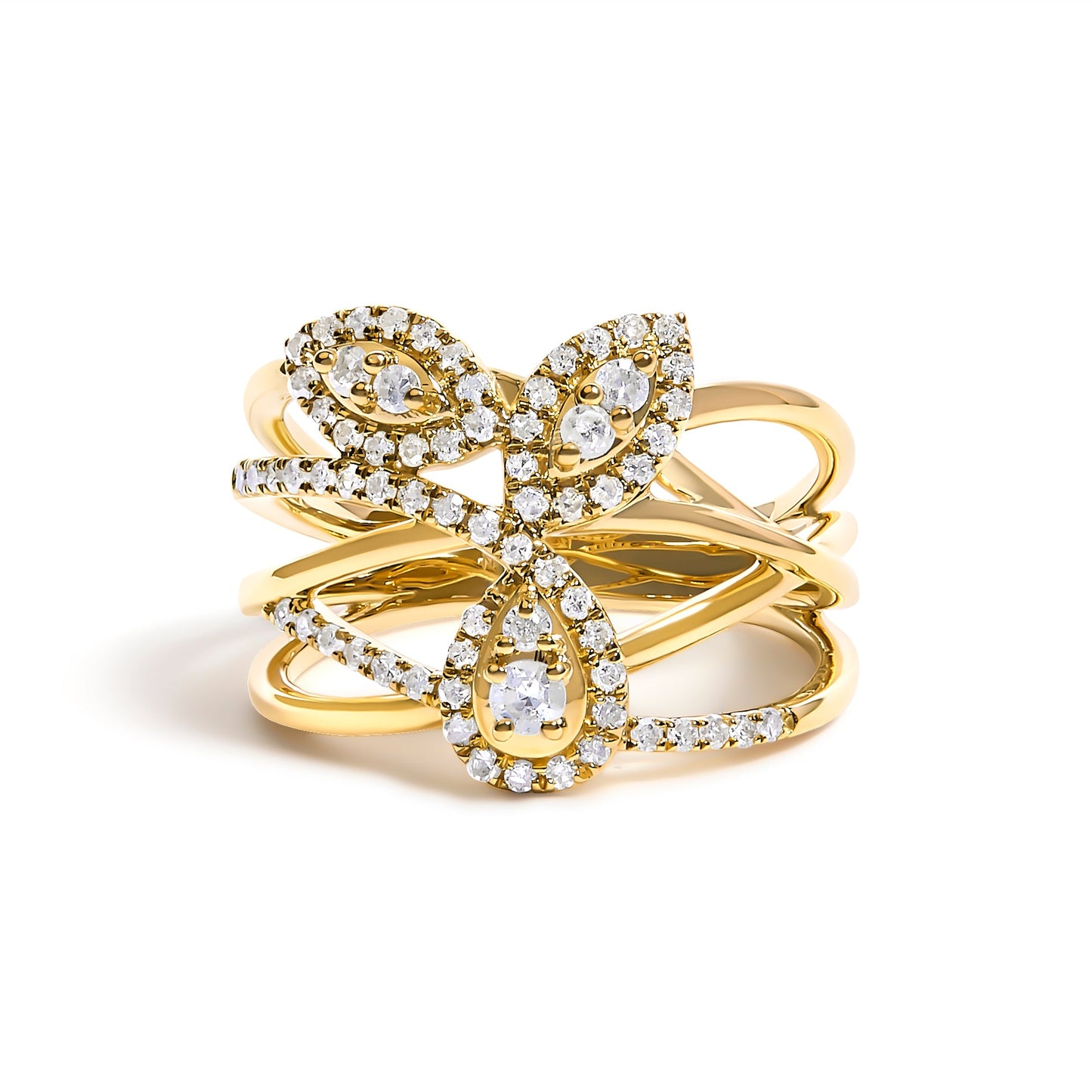 10K Yellow Gold 1/2 Cttw Diamond Crossover 3 Leaf Floral Cocktail Ring Band (H-I Color, SI1-SI2 Clarity)  - Size 7 Bids.com