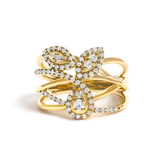 10K Yellow Gold 1/2 Cttw Diamond Crossover 3 Leaf Floral Cocktail Ring Band (H-I Color, SI1-SI2 Clarity)  - Size 7 Bids.com