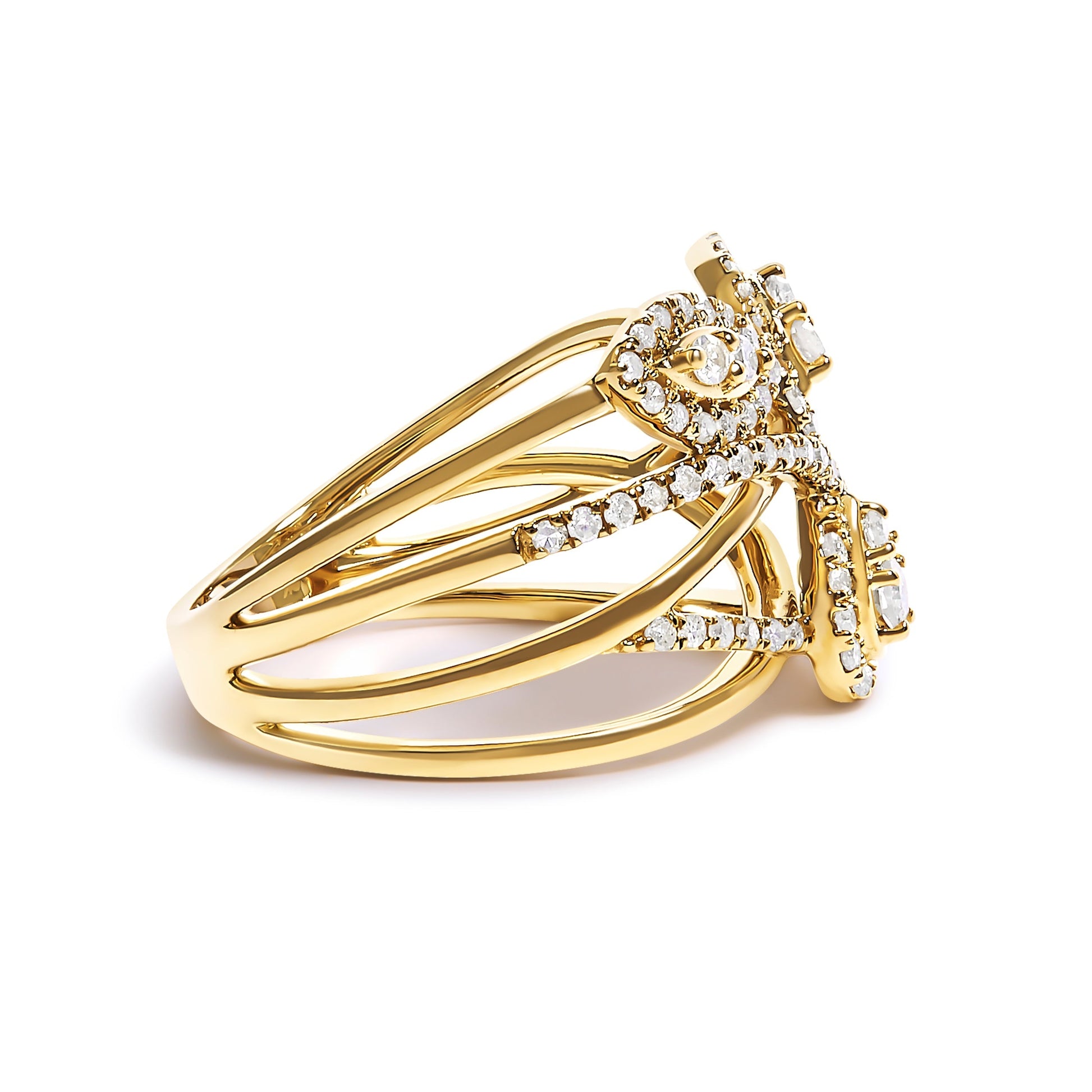 10K Yellow Gold 1/2 Cttw Diamond Crossover 3 Leaf Floral Cocktail Ring Band (H-I Color, SI1-SI2 Clarity)  - Size 7 Bids.com