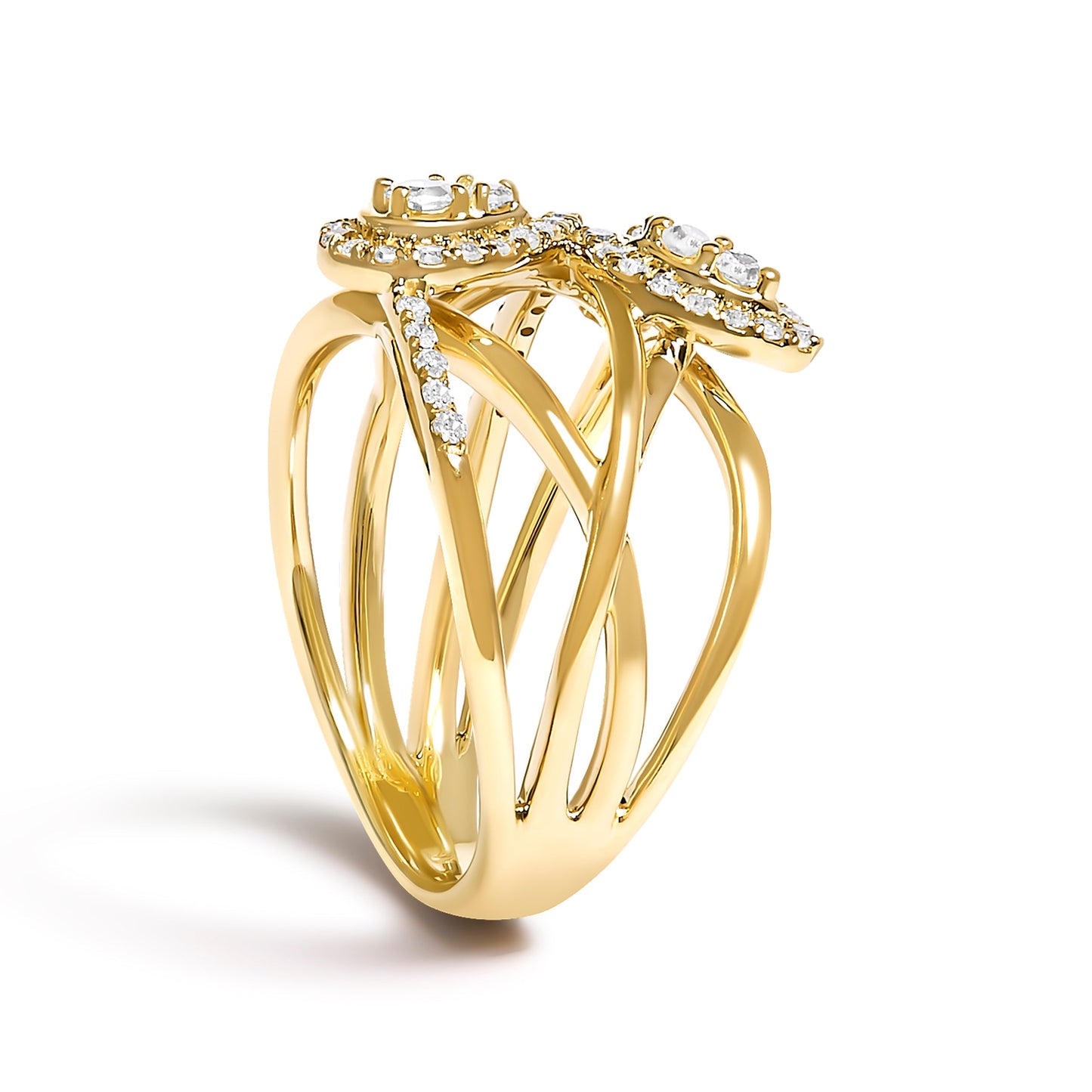 10K Yellow Gold 1/2 Cttw Diamond Crossover 3 Leaf Floral Cocktail Ring Band (H-I Color, SI1-SI2 Clarity)  - Size 7 Bids.com