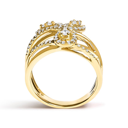 10K Yellow Gold 1/2 Cttw Diamond Crossover 3 Leaf Floral Cocktail Ring Band (H-I Color, SI1-SI2 Clarity)  - Size 7 Bids.com