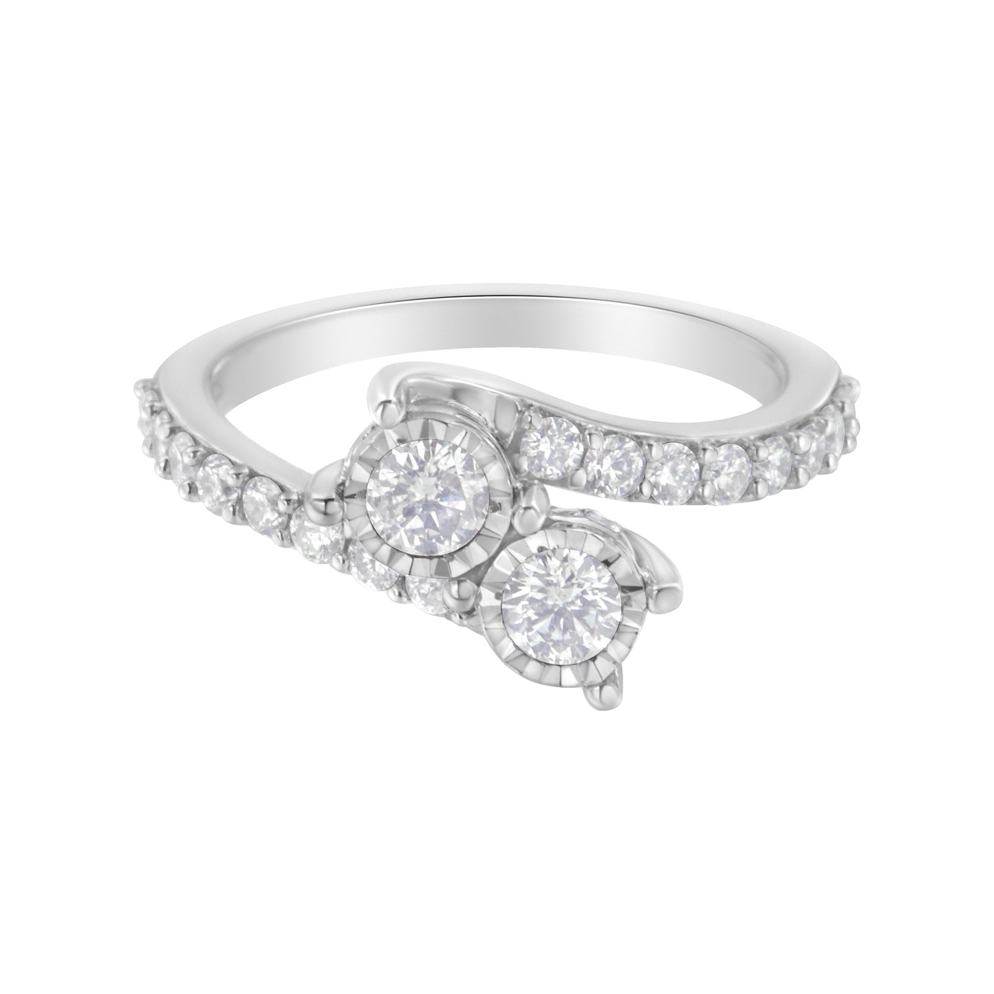 10K White Gold Two-Stone Miracle-Set Diamond Bypass Ring (1 Cttw, H-I Color, I1-I2 Clarity) - Size 6 Bids.com