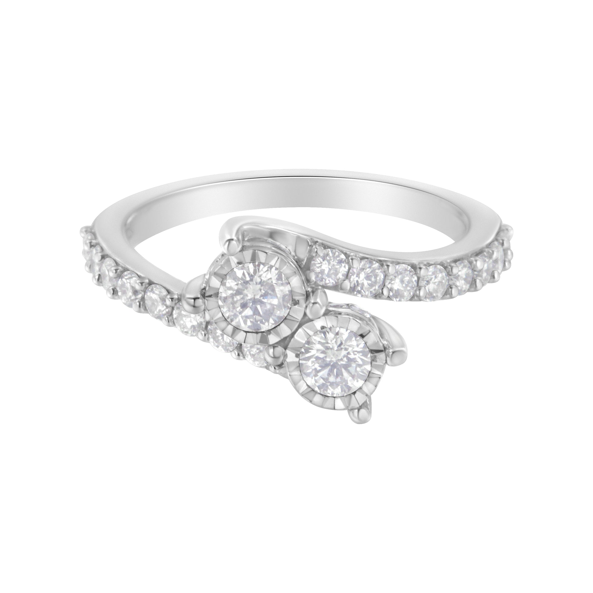 10K White Gold Two-Stone Miracle-Set Diamond Bypass Ring (1 Cttw, H-I Color, I1-I2 Clarity) - Size 6 Bids.com