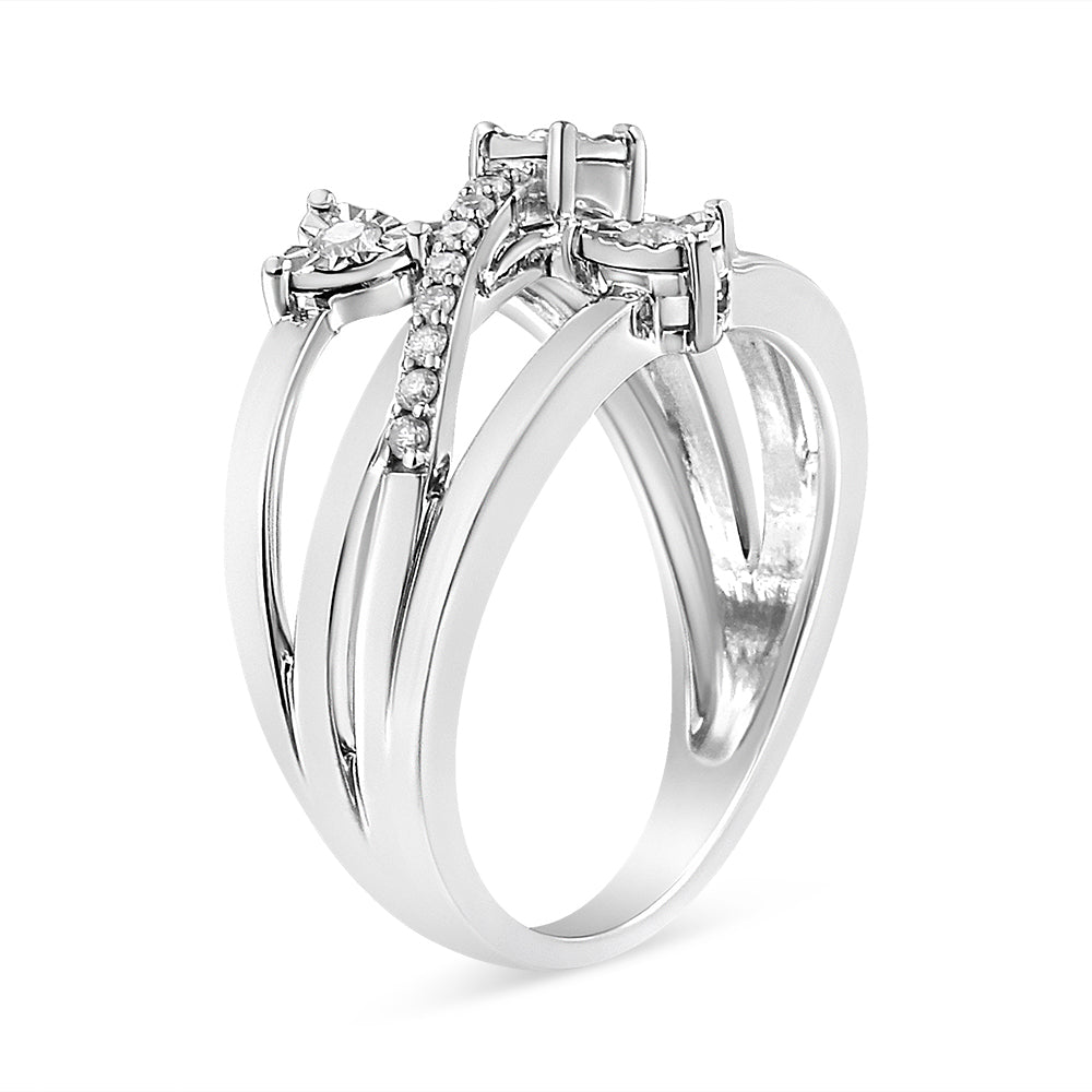 .925 Sterling Silver 1/5 Cttw Miracle-Set Diamond Heart Cross-Over Bypass Ring (I-J Color, I2-I3 Clarity) - Size 7 Bids.com