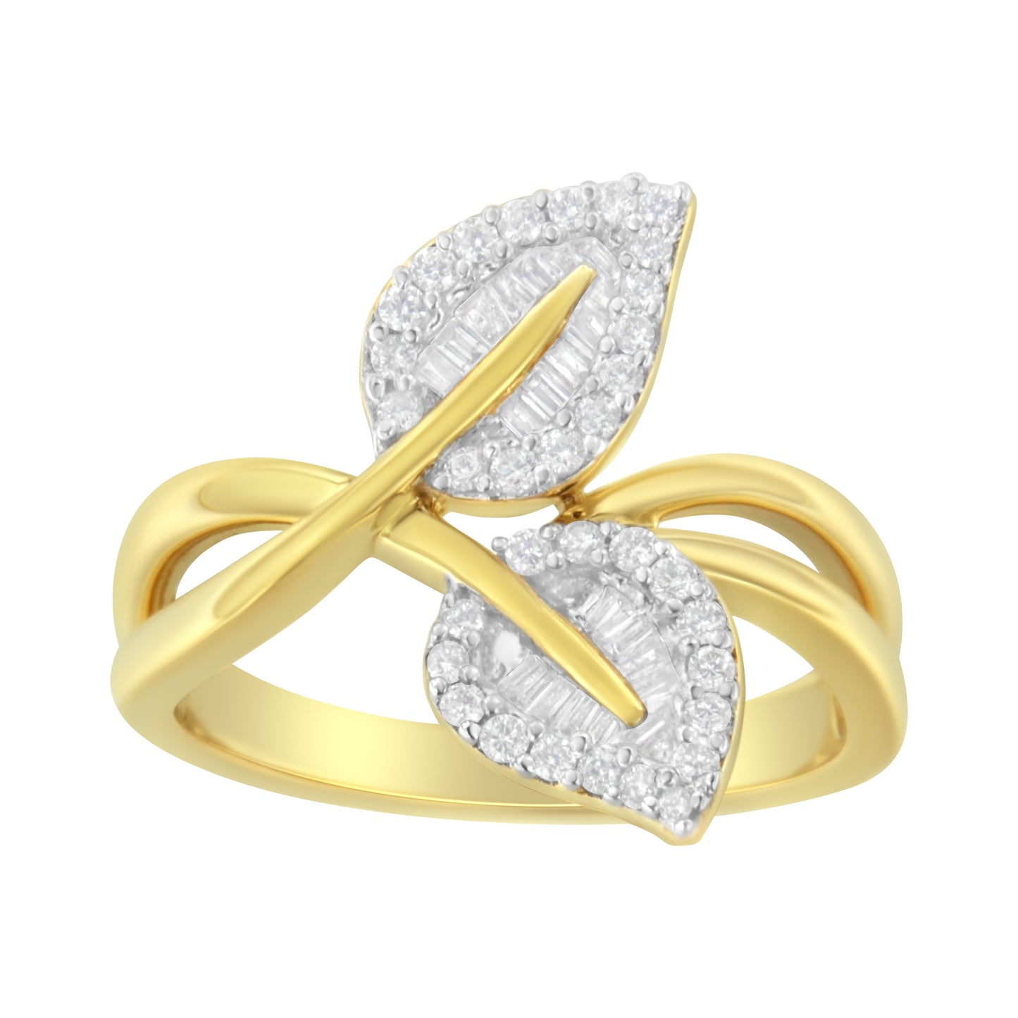 10K Yellow Gold 3/8 Cttw Round and Baguette-Cut Diamond Leaf Cocktail Ring - Size 7 (I-J Color, I1-I2 Clarity) Bids.com