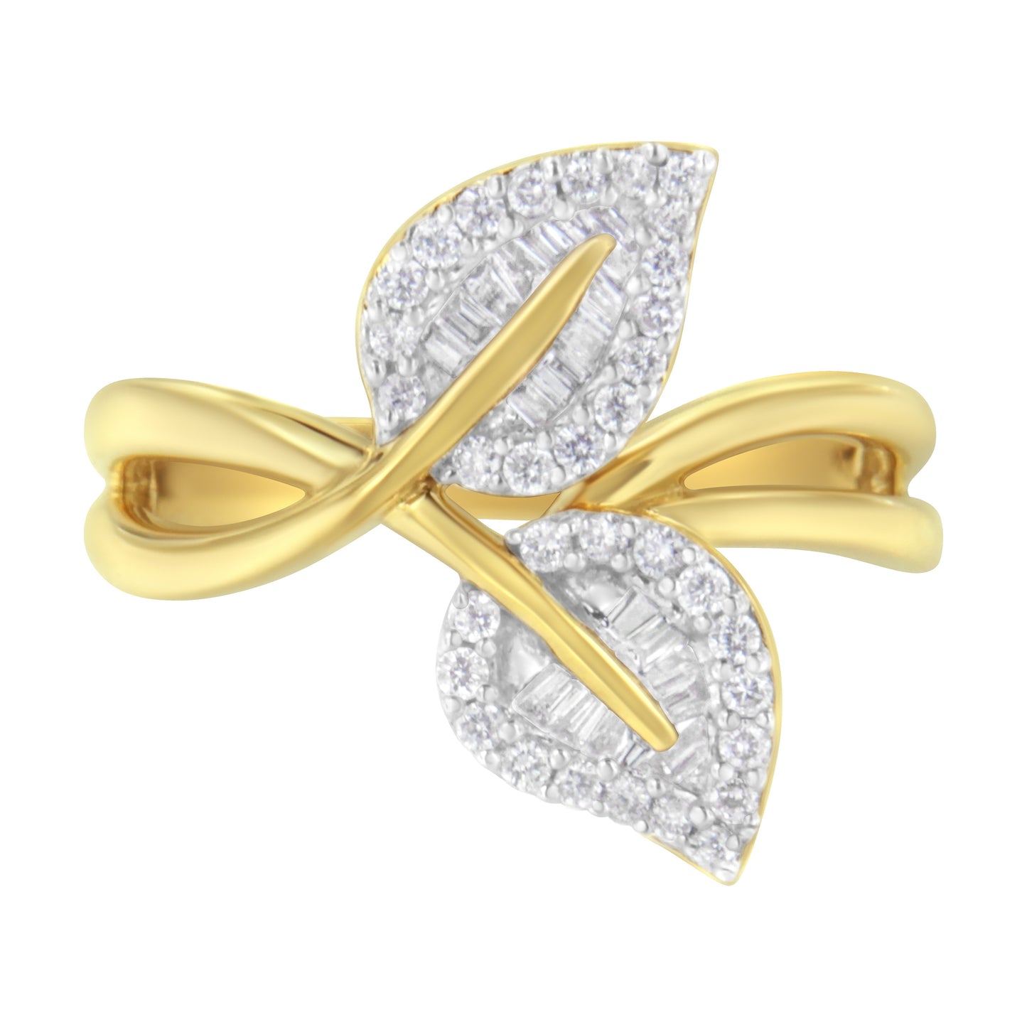 10K Yellow Gold 3/8 Cttw Round and Baguette-Cut Diamond Leaf Cocktail Ring - Size 7 (I-J Color, I1-I2 Clarity) Bids.com