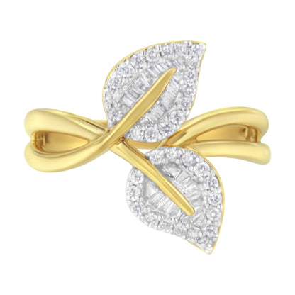 10K Yellow Gold 3/8 Cttw Round and Baguette-Cut Diamond Leaf Cocktail Ring - Size 7 (I-J Color, I1-I2 Clarity) Bids.com