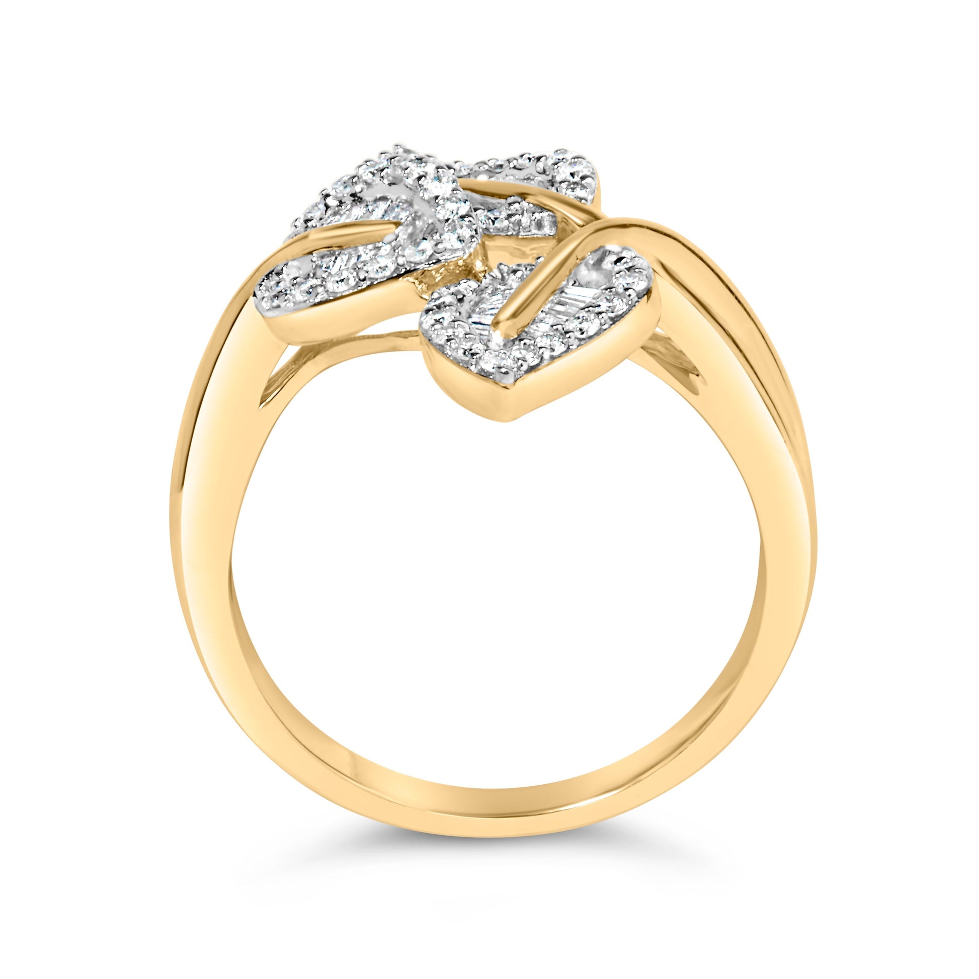18K Yellow Gold Plated .925 Sterling Silver 1/2 Cttw Baguette and Round Diamond Bypass Triple Leaf Ring (I-J Color, I1-I2 Clarity) - Size 5 Bids.com