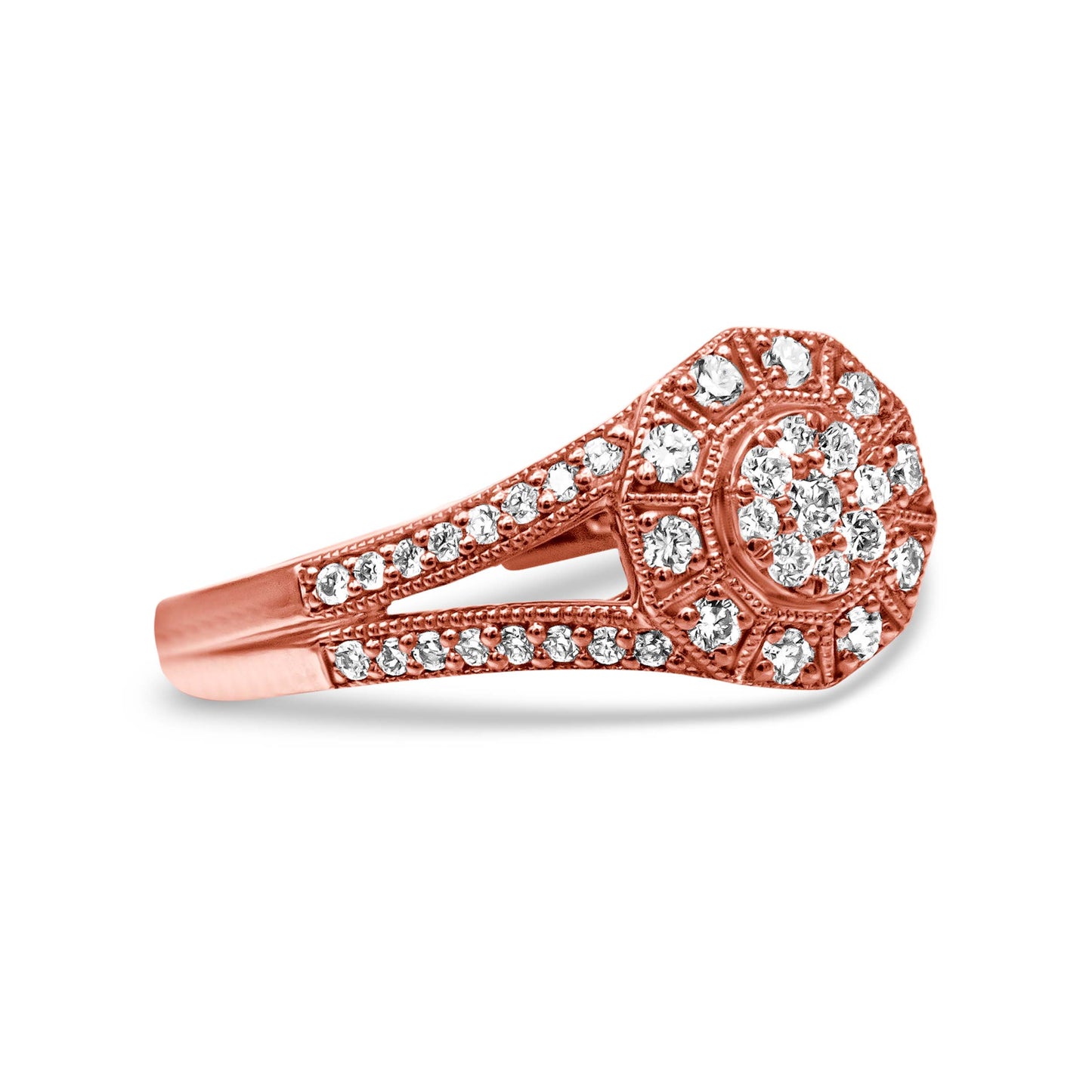 14K Rose Gold Plated .925 Sterling Silver 1/2 Cttw Pave Diamond Halo Cluster Split Shank Cocktail Ring (I-J Color, I1-I2 Clarity) - Size 6 Bids.com