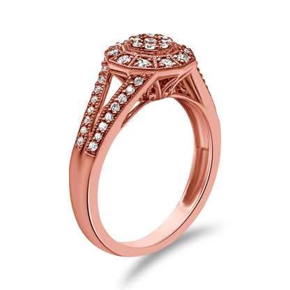 14K Rose Gold Plated .925 Sterling Silver 1/2 Cttw Pave Diamond Halo Cluster Split Shank Cocktail Ring (I-J Color, I1-I2 Clarity) - Size 6 Bids.com