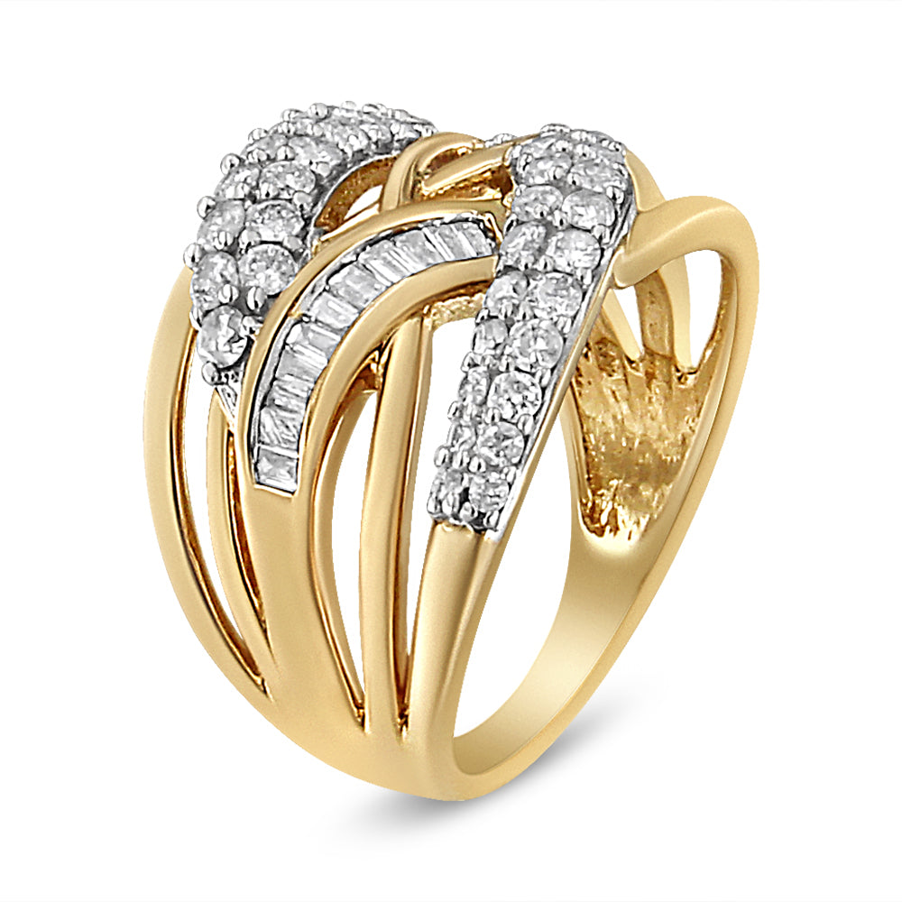 10K Yellow and White Gold 1.0 Cttw Round and Baguette-Cut Diamond Multirow Interwoven Cocktail Ring (I-J Color, I2-I3 Quality) - Size 7 Bids.com