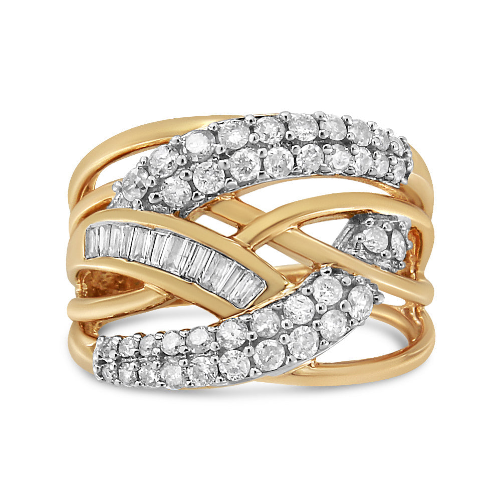 10K Yellow and White Gold 1.0 Cttw Round and Baguette-Cut Diamond Multirow Interwoven Cocktail Ring (I-J Color, I2-I3 Quality) - Size 7 Bids.com