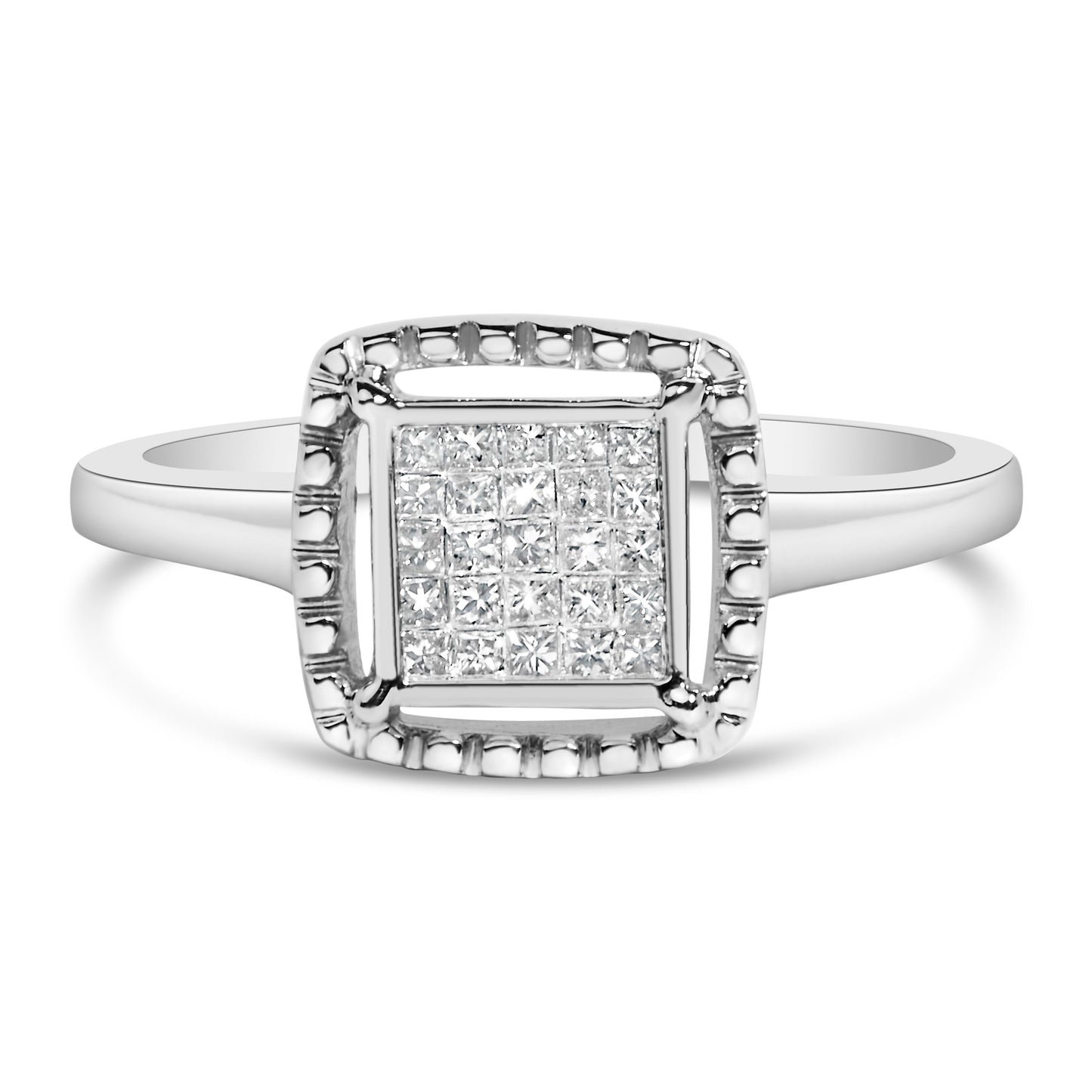 .925 Sterling Silver 1/5 Cttw Invisible Set Princess Cut Diamond Promise Ring with Beaded Halo (H-I Color, I1-I2 Clarity) - Ring Size 7 Bids.com