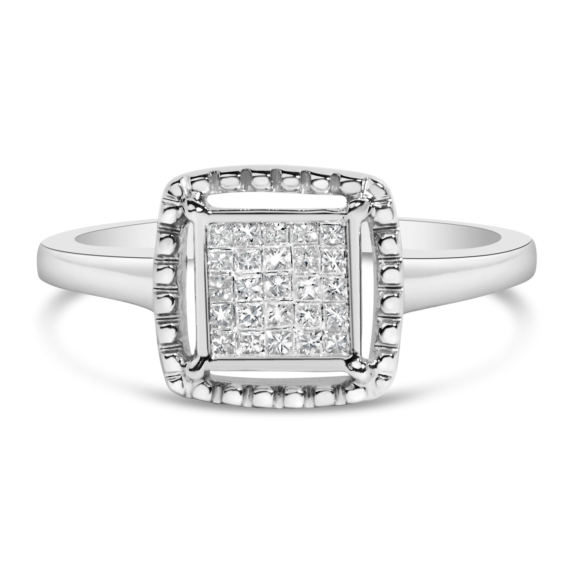 .925 Sterling Silver 1/5 Cttw Invisible Set Princess Cut Diamond Promise Ring with Beaded Halo (H-I Color, I1-I2 Clarity) - Ring Size 7 Bids.com