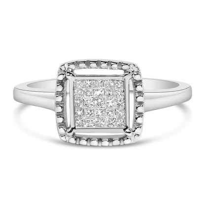 .925 Sterling Silver 1/5 Cttw Invisible Set Princess Cut Diamond Promise Ring with Beaded Halo (H-I Color, I1-I2 Clarity) - Ring Size 7 Bids.com
