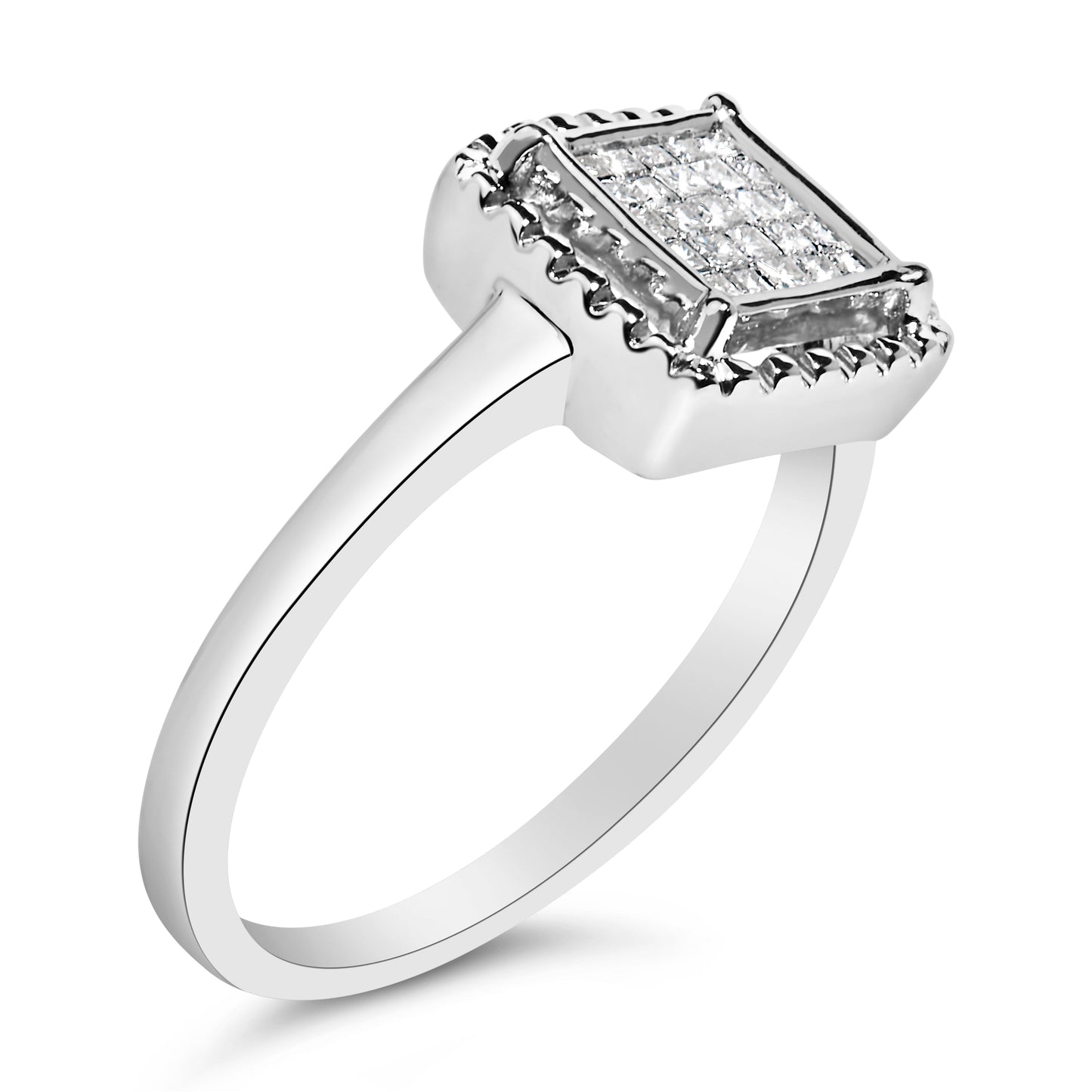 .925 Sterling Silver 1/5 Cttw Invisible Set Princess Cut Diamond Promise Ring with Beaded Halo (H-I Color, I1-I2 Clarity) - Ring Size 7 Bids.com