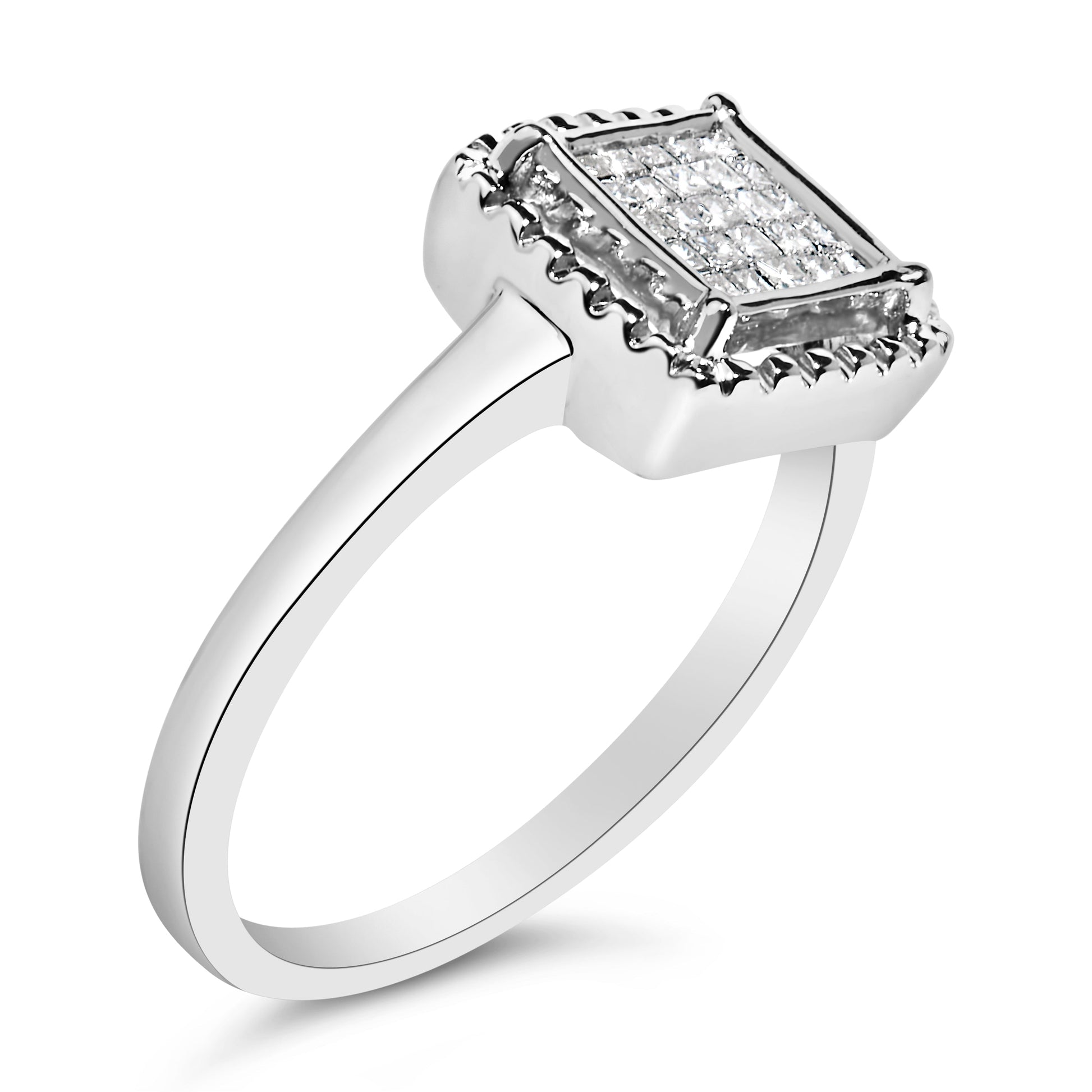 .925 Sterling Silver 1/5 Cttw Invisible Set Princess Cut Diamond Promise Ring with Beaded Halo (H-I Color, I1-I2 Clarity) - Ring Size 7 Bids.com