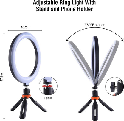 10" LED Ring Light, Selfie Ring Light with Stand and Phone Holder, 11 Brightness Levels (Refurbished) DailySale