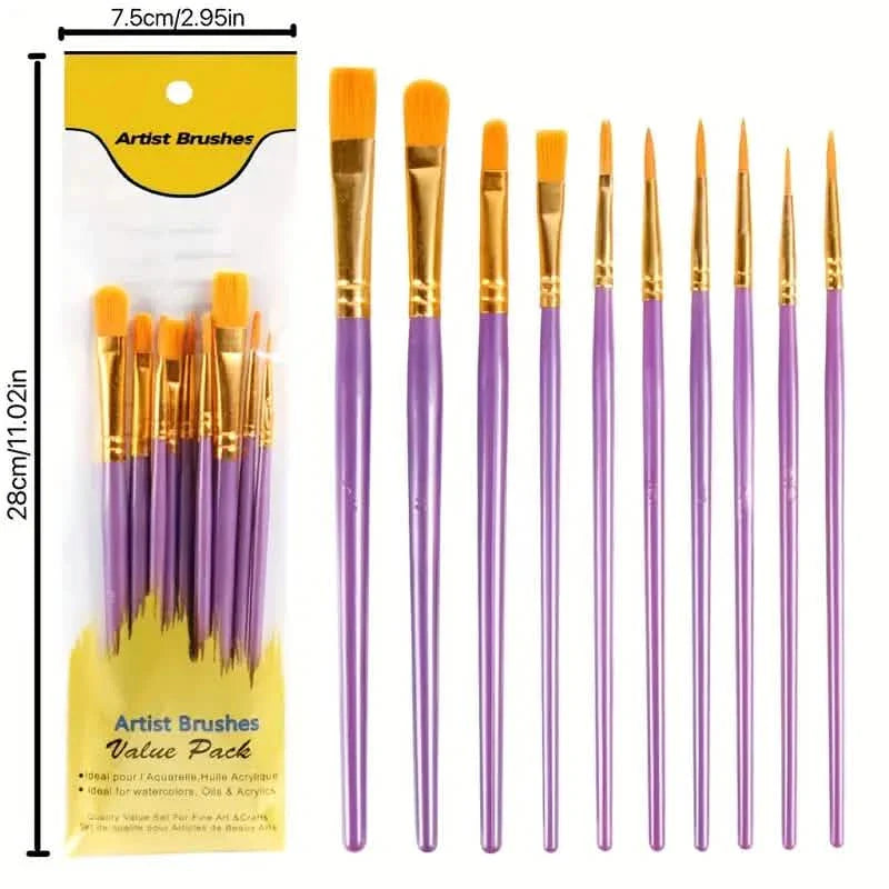 10-Pieces: Artist Paintbrush Nylon Round Pointed Flat Head Set DailySale