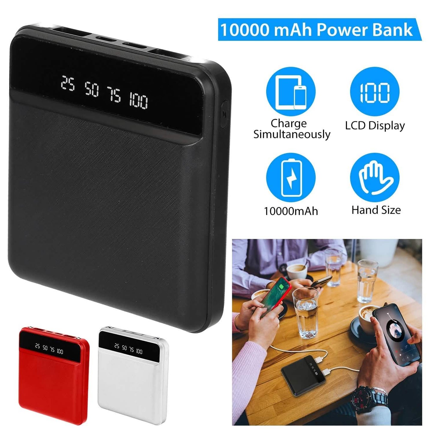 10000 mAh Portable Powerbank Mini with Dual USB Ports LCD Display DailySale