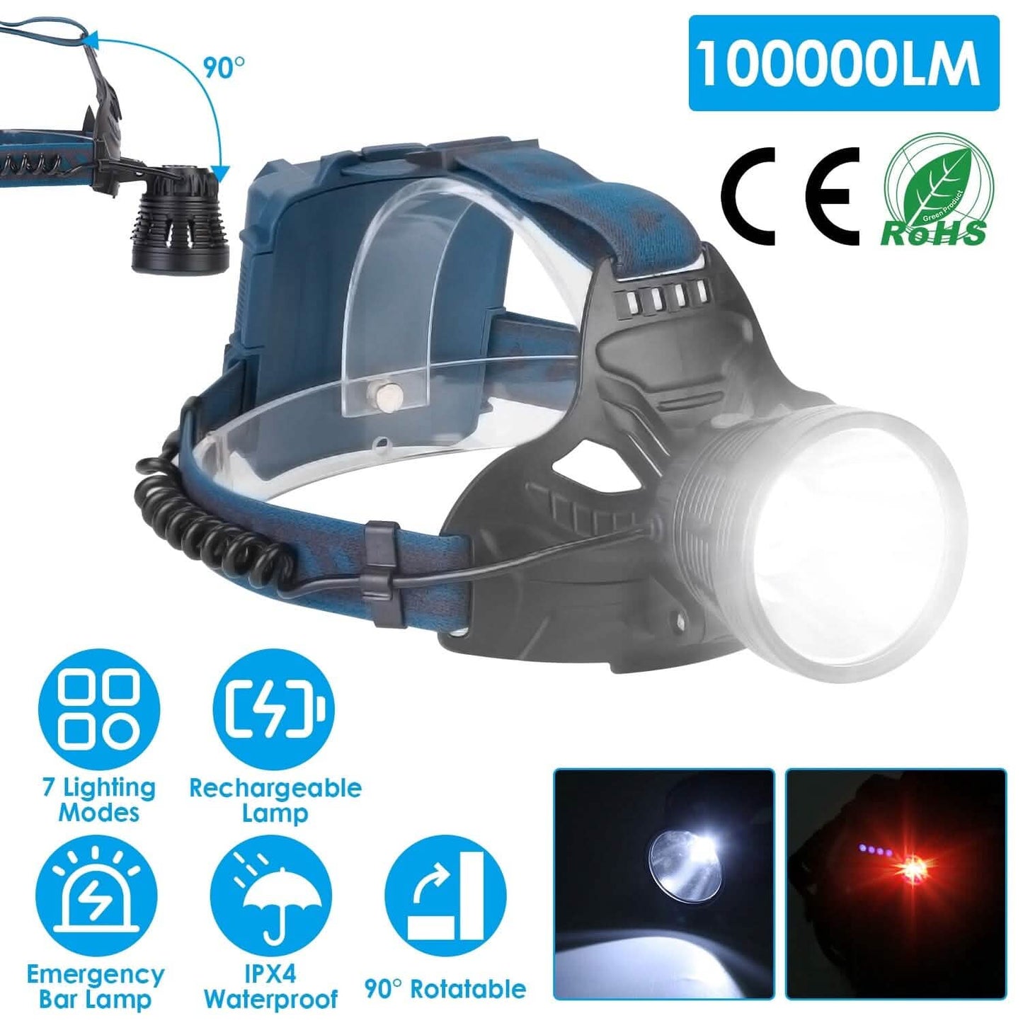 100000LM LED 7 Lighting  Modes Rechargeable Headlights DailySale